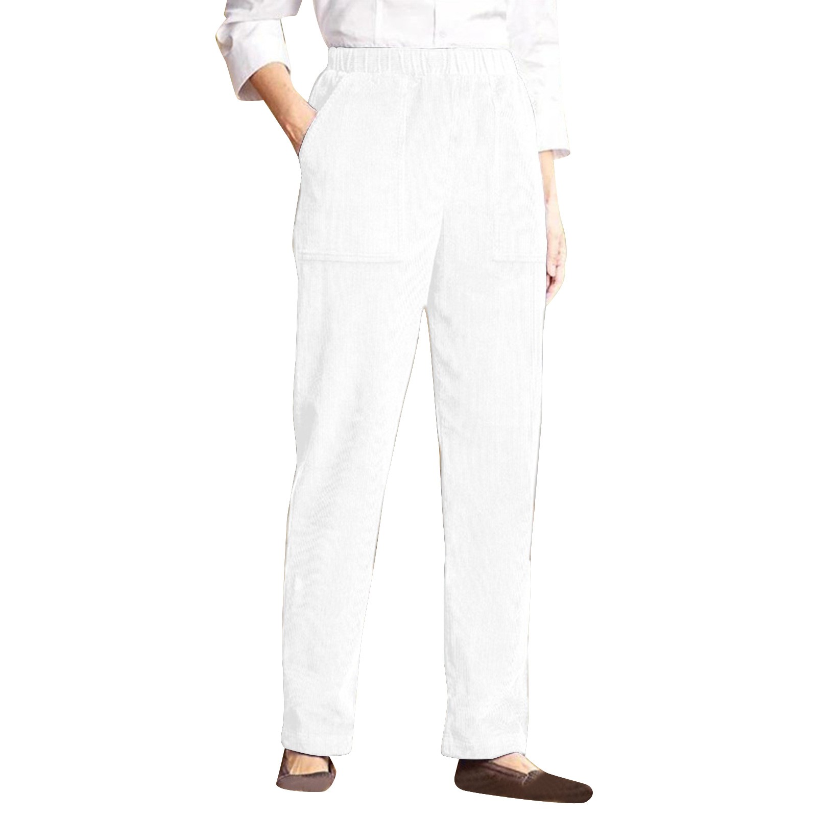 thumbnail image 1 of Pantalones informales de mujer con cintura elástica y rayas - Diseño con bolsillos, corte recto, mezcla de poliéster y spandex (tallas S-XXL), 1 of 4